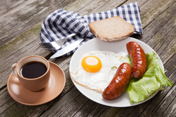 Breakfast plate with sausages and eggs