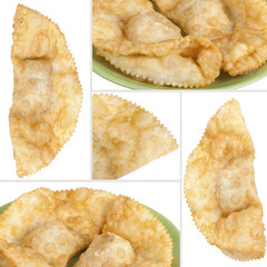 collage with cheburek stuffed isolated on white background