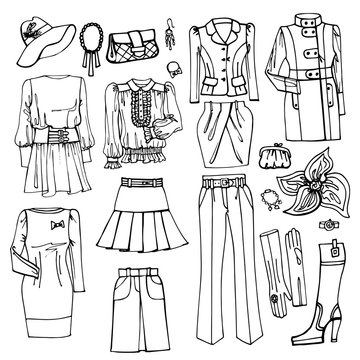 Outline Sketch.Females clothing and accessories set