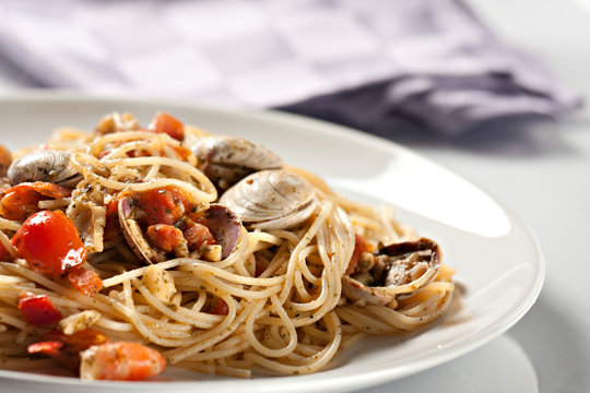 Seafood spaghetti on a plate