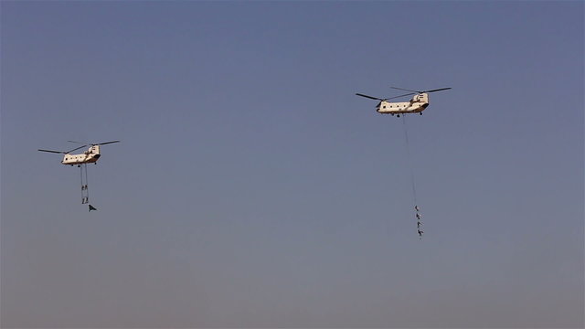 Two helicopters CH-47 at the airshow in Cairo.