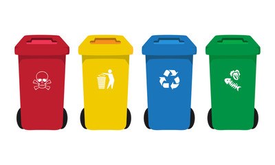 many color wheelie bins set with waste icon