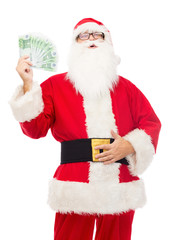 man in costume of santa claus with euro money