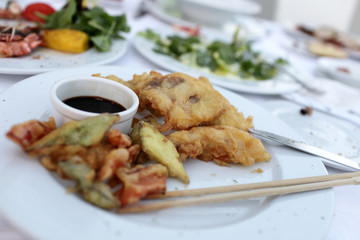 Tempura fish and vegetables with soy sauce