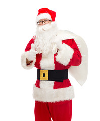 man in costume of santa claus with bag