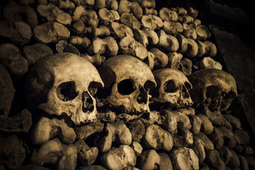 Skulls and bones in Paris Catacombs