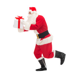 man in costume of santa claus with gift box