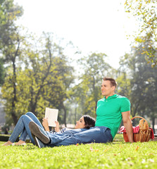 Obraz premium Couple having a picnic on nice sunny day in park