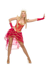 Queen in red dress isolated on white