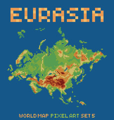 pixel art style illustration of eurasia physical world map