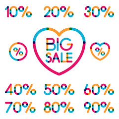 Set of colorful sale discount labels, from 10 to 90 percent. Vec