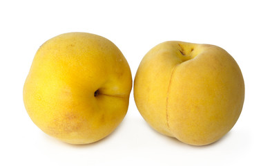 two yellow peaches on white background