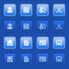 Education icons for web on blue buttons.