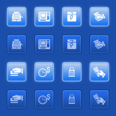 Business icons for web on blue buttons.