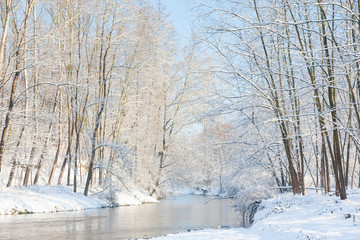 Winter landscape: small river in a snowy woods.