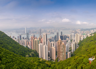 Panoramic view of Hong Kong cityscape on a beautiful sunny day