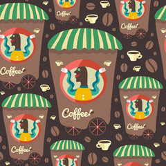 Retro seamless pattern with coffee seller and cups.