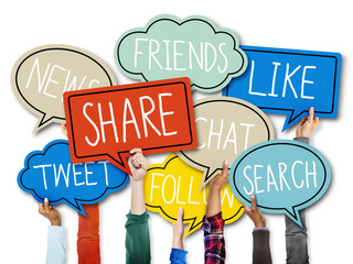 Hands Holding Colorful Speech Bubbles with Words