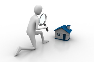 3d man looking house through magnifier