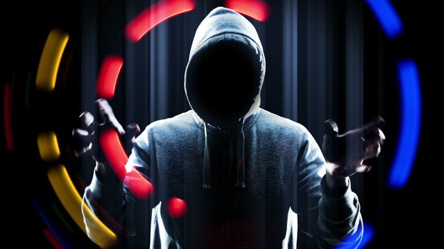 Futuristic computer worker, hacker cyber attack
