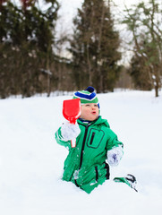 Fototapeta na wymiar little boy digging winter snow