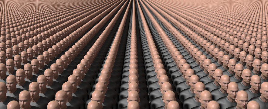 People rows. Unusual persons in row. Concept 3D illustration