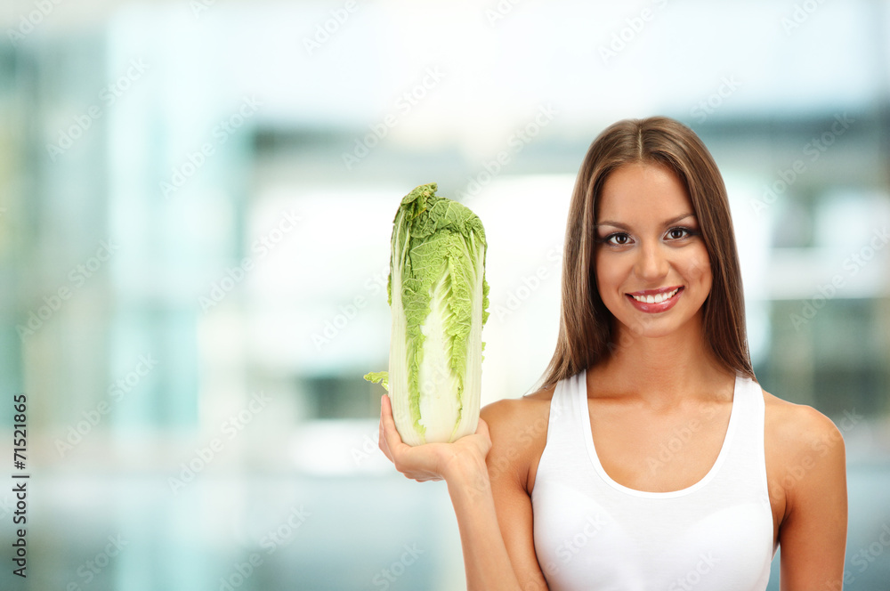 Sticker Shopping concept. Beautiful young woman with cabbage