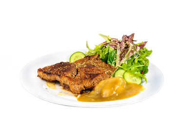 Rump steak with mashed potatoes and mix vegetable on plate