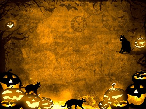 Halloween pumpkins and black cats -  sepia texture background