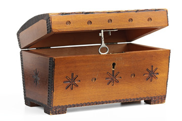 old scratched wooden casket with an ornament on a white backgrou
