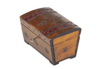 old scratched wooden casket with an ornament on a white backgrou