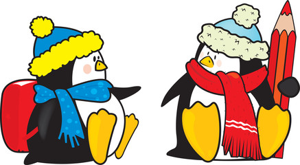two cute penguins sitting and waiting for school bus