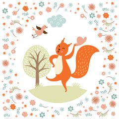 Greeting card, squirell  dances,  vector illustration