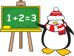 cute looking penguin pointing at school board