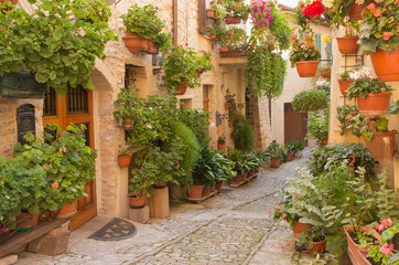 Fototapeta na wymiar Flower street in the town of Spello (Umbria, Italy)