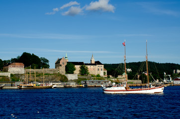 Fototapeta na wymiar Two ships sailing in the Oslo fjord Akershus
