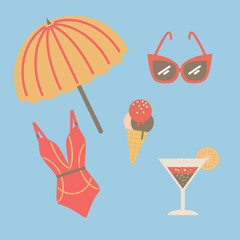 Collection of beach summer accessories.