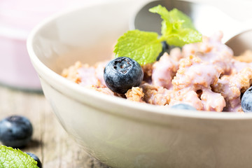 Cereal with blueberry close up