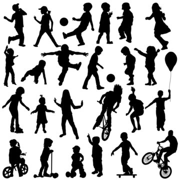 Group of active children, hand drawn sillhouettes of kids playin