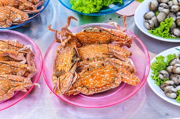 steamed crabs in the market along the seashore.