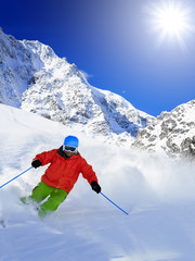 Skiing, Skier - man skiing downhill, freeride - obrazy, fototapety, plakaty