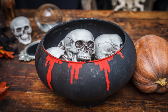 Pot witches skulls to celebrate halloween