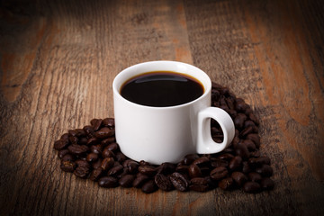 Coffee and heart shaped coffee beans