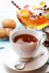 Cup of tea on table, close up