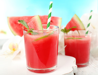 Watermelon cocktails on table, close-up