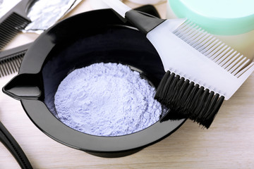 Hairdresser accessories for coloring hair, close-up
