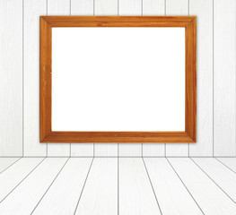 Fototapeta na wymiar wood frame in room with white wood wall and wood floor backgroun