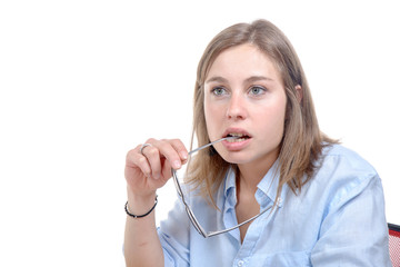 a pensive young woman in the office