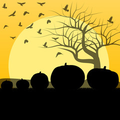 Halloween background vector concept with tree, raven and pumpkin