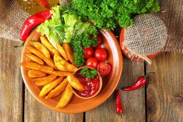 Homemade fried potato on plate on wooden background